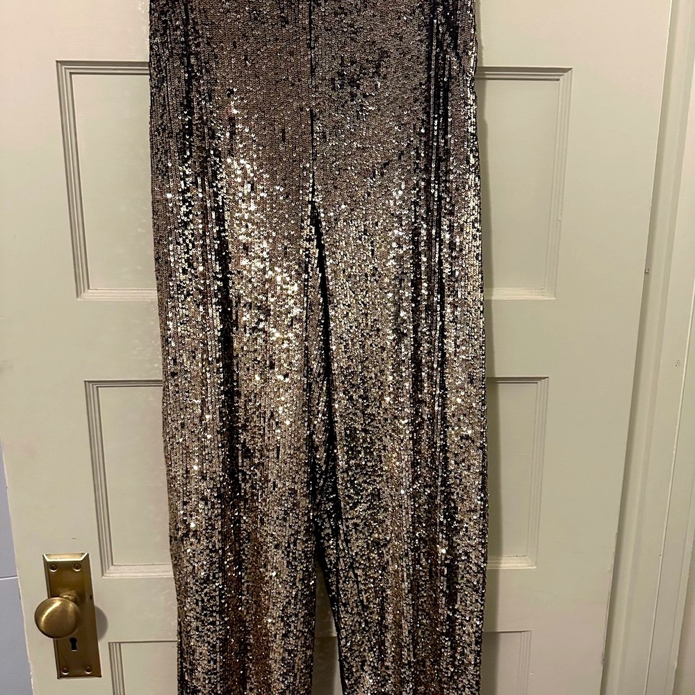 Express Sequin Wide-Leg Jumpsuit in Metallic Brown